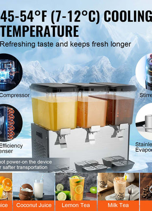 Commercial Beverage Dispenser, 3 Tanks 18 L / 19 QT Per Tank Juice Dispenser, 512W Stainless Steel Ice Tea Drink Machine with 45°F-54°F Cooling Temperature, for Cold Drink Restaurant Bar Party