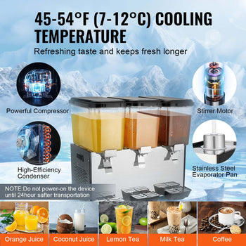 Commercial Beverage Dispenser, 3 Tanks 18 L / 19 QT Per Tank Juice Dispenser, 512W Stainless Steel Ice Tea Drink Machine with 45°F-54°F Cooling Temperature, for Cold Drink Restaurant Bar Party