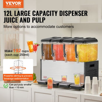Commercial Beverage Dispenser, 4 Tanks 12 L / 12.7 QT Per Tank Juice Dispenser, 510W Stainless Steel Ice Tea Drink Machine with 45°F-54°F Cooling Temperature, for Cold Drink Restaurant Bar Party