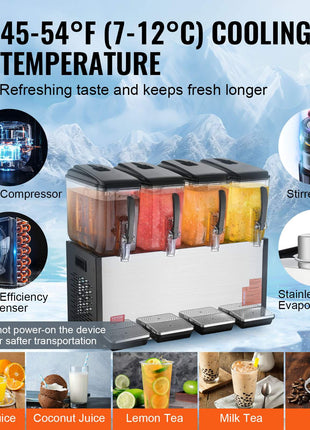 Commercial Beverage Dispenser, 4 Tanks 12 L / 12.7 QT Per Tank Juice Dispenser, 510W Stainless Steel Ice Tea Drink Machine with 45°F-54°F Cooling Temperature, for Cold Drink Restaurant Bar Party