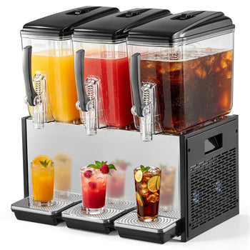 Commercial Beverage Dispenser 3 Tanks 12 L / 12.7 QT Per Tank, Stainless Steel Juice Dispenser, Ice Tea Drink Machine with 45℉ to 54℉ Cooling Temperature, for Cold Drink Restaurant Bar Party