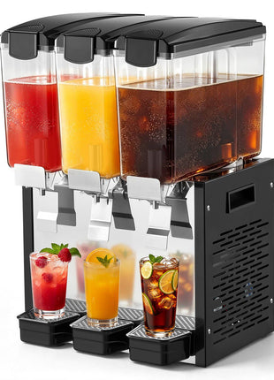 Commercial Beverage Dispenser 3 Tanks 10 L / 10.6 QT Per Tank, Stainless Steel Juice Dispenser, Ice Tea Drink Machine with 45℉ to 54℉ Cooling Temperature, for Cold Drink Restaurant Bar Party