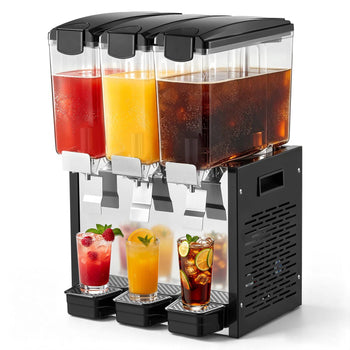 Commercial Beverage Dispenser 3 Tanks 10 L / 10.6 QT Per Tank, Stainless Steel Juice Dispenser, Ice Tea Drink Machine with 45℉ to 54℉ Cooling Temperature, for Cold Drink Restaurant Bar Party