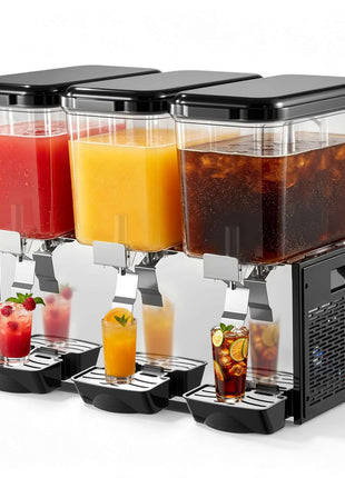 Commercial Beverage Dispenser 3 Tanks 18 L / 19 QT Per Tank, Stainless Steel Juice Dispenser, Ice Tea Drink Machine with 45℉ to 54℉ Cooling Temperature, for Cold Drink Restaurant Bar Party