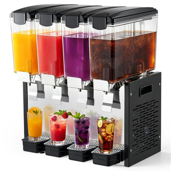 Commercial Beverage Dispenser 4 Tanks 10 L / 10.6 QT Per Tank, Stainless Steel Juice Dispenser, Ice Tea Drink Machine with 45℉ to 54℉ Cooling Temperature, for Cold Drink Restaurant Bar Party