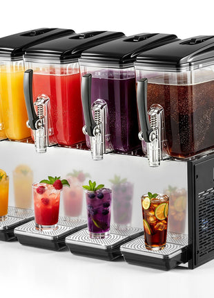Commercial Beverage Dispenser 4 Tanks 12 L / 12.7 QT Per Tank, Stainless Steel Juice Dispenser, Ice Tea Drink Machine with 45℉ to 54℉ Cooling Temperature, for Cold Drink Restaurant Bar Party