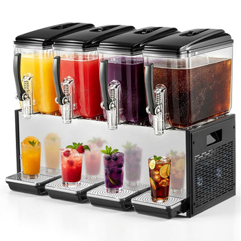 Commercial Beverage Dispenser 4 Tanks 12 L / 12.7 QT Per Tank, Stainless Steel Juice Dispenser, Ice Tea Drink Machine with 45℉ to 54℉ Cooling Temperature, for Cold Drink Restaurant Bar Party
