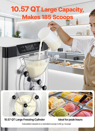 Commercial Hard Ice Cream Machine, 2400W 3.17 to 5.28 Gallons per Hour, Gelato Hard Serve Ice Cream Maker with 10L 304 Stainless Steel Cylinder, Auto Clean LED Panel for Snack Bar Restaurants