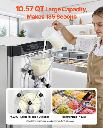 Commercial Hard Ice Cream Machine, 2400W 3.17 to 5.28 Gallons per Hour, Gelato Hard Serve Ice Cream Maker with 10L 304 Stainless Steel Cylinder, Auto Clean LED Panel for Snack Bar Restaurants