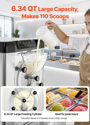 Commercial Hard Ice Cream Machine, 2000W 3.17-5.28 Gal/Hour, Countertop Gelato Hard Serve Ice Cream Maker with 6L 304 Stainless Steel Cylinder, Auto Clean LED Panel for Snack Bar Restaurants