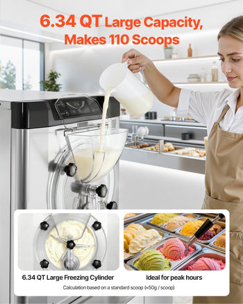 Commercial Hard Ice Cream Machine, 2000W 3.17-5.28 Gal/Hour, Countertop Gelato Hard Serve Ice Cream Maker with 6L 304 Stainless Steel Cylinder, Auto Clean LED Panel for Snack Bar Restaurants