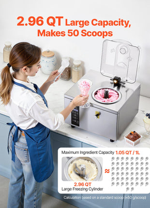 Commercial Hard Ice Cream Machine, 500W 1.32 Gal/Hour, Gelato Hard Serve Ice Cream Maker with 2.8L 304 Stainless Steel Cylinder, Auto Clean LED Panel High Productivity for Snack Bar Restaurants