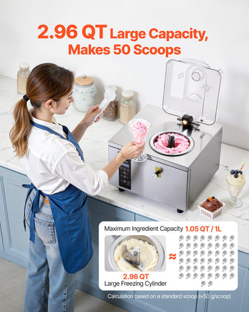 Commercial Hard Ice Cream Machine, 500W 1.32 Gal/Hour, Gelato Hard Serve Ice Cream Maker with 2.8L 304 Stainless Steel Cylinder, Auto Clean LED Panel High Productivity for Snack Bar Restaurants