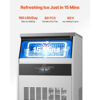Commercial Ice Maker Machine, 160lbs/24H Ice Maker Machine with 66lbs Storage Capacity, 80 Ice Cubes in 15 Minutes, LED Digital Display Freestanding Self-Cleaning for Bar Office Restaurant
