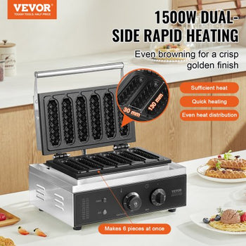 Commercial Waffle Stick Maker, 6PCS 1500W Waffle Baker Machine, Non-Stick Stainless Steel Corn Hot Dog Waffle Iron with Temp and Time Control, Handle, for Restaurant Bakery Snack Bar Family