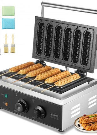 Commercial Waffle Stick Maker, 6PCS 1500W Waffle Baker Machine, Non-Stick Stainless Steel Corn Hot Dog Waffle Iron with Temp and Time Control, Handle, for Restaurant Bakery Snack Bar Family