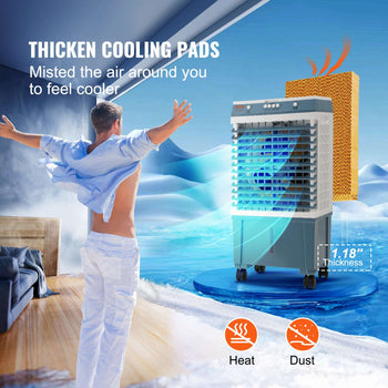 Blue air cooler with thick, 1.18” cooling pads and misting feature, perfect for beating the heat.