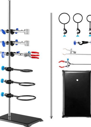Lab Stand Support, Laboratory Retort Support Stand Set, Steel Lab Stand 23.6" Rod and 8.3" x 5.3" Cast Iron Base, Includes Flask Clamps, a Burette Clamp and Cross Clamps