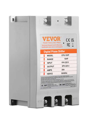 Gray VEVOR Digital Phase Shifter, 10 HP, 3-phase input, 30A, 220V output, ideal for tools and equipment.