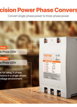3 Phase Converter - 15HP 53A 220V Single Phase to 3 Phase Converter, 220V Input/Output, Digital Phase Shifter for Residential & Light Commercial Use (One Converter for One Motor Only)