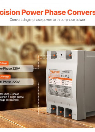 3 Phase Converter - 2HP 7A 220V Single Phase to 3 Phase Converter, 220V Input/Output, Digital Phase Shifter for Residential & Light Commercial Use (One Converter for One Motor Only)