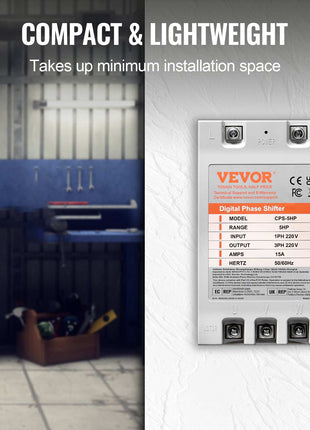 VEVOR Digital Phase Shifter, compact design, 6H range, 220V input, lightweight for easy installation in workshops.