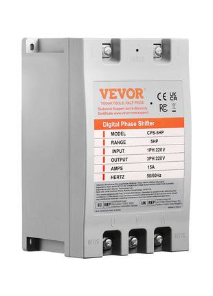 Vevor Digital Phase Shifter, 5HP, 3-phase, 15A, 220V, compact gray metal casing for efficient power management.