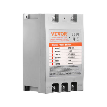Vevor Digital Phase Shifter, 5HP, 3-phase, 15A, 220V, compact gray metal casing for efficient power management.