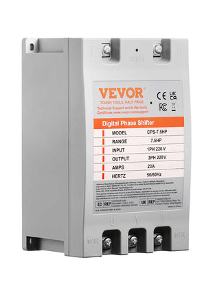 VEVOR Digital Phase Shifter, gray, 7.5HP, 1-phase to 3-phase converter, 23A, 220V, 50/60Hz for industrial use.