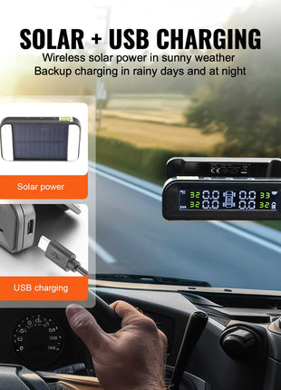 RV Tire Pressure Monitoring System, 7.3-87 PSI Trailer TPMS, Universal Wireless Car Alarm System, Waterproof TPMS Sensors Set with Solar Charge, 4 Sensors, 5 Alarm Modes, and Real-time Display