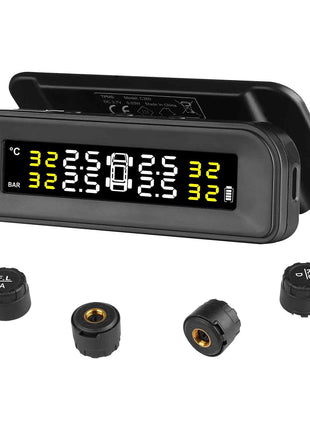 RV Tire Pressure Monitoring System, 7.3-87 PSI Trailer TPMS, Universal Wireless Car Alarm System, Waterproof TPMS Sensors Set with Solar Charge, 4 Sensors, 5 Alarm Modes, and Real-time Display