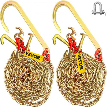 J Hook Chain, 2PCS 5/16" x 10' G80 15" Long Shank J Hook Tow Chain with RTJ Cluster Hook & Grab Hook, 5400 lbs Working Load, Heavy Duty Transport Truck Chain for Wrecker Recovery Trailer Towing