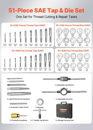Tap and Die Set, 51-Piece SAE Sizes 1/4" to 1", with Coarse and Fine Thread Taps and Dies, Wrench, Carrying Case and Complete Accessories, Bearing Steel, for Threading and Rethreading Threads