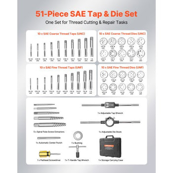 Tap and Die Set, 51-Piece SAE Sizes 1/4" to 1", with Coarse and Fine Thread Taps and Dies, Wrench, Carrying Case and Complete Accessories, Bearing Steel, for Threading and Rethreading Threads