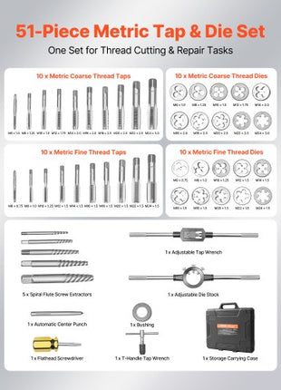 Tap and Die Set, 51-Piece Metric Sizes M6 to M24, with Coarse and Fine Thread Taps and Dies, Wrench, Carrying Case and Complete Accessories, Bearing Steel, for Threading and Rethreading Threads