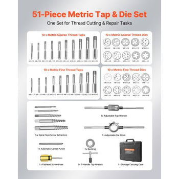 Tap and Die Set, 51-Piece Metric Sizes M6 to M24, with Coarse and Fine Thread Taps and Dies, Wrench, Carrying Case and Complete Accessories, Bearing Steel, for Threading and Rethreading Threads