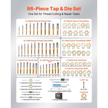 Tap and Die Set, 86-Piece Metric and SAE Sizes M3 to M12, #4 to 5/8", with Coarse and Fine Thread Taps and Dies, Wrench, Carrying Case and Complete Accessories, for Threading and Rethreading