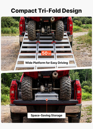 Aluminum Trailer Ramps, 76 x 50 in Tri-Folding Truck Ramps with Straps & Non-Slip Rubber Fingers, 1500LBS Capacity ATV Loading Ramps for Pickup Trucks, Motorcycles, Lawn Mowers, Tractors, Carts
