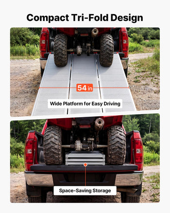Aluminum Trailer Ramps, 76 x 54 in Tri-Folding Truck Ramps with Straps & Non-Slip Rubber Fingers, 1500LBS Capacity ATV Loading Ramps for Pickup Trucks, Motorcycles, Lawn Mowers, Tractors, Carts