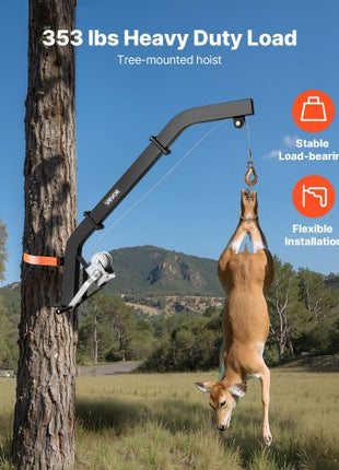 Tree Mounted Deer Hoist, 353 lbs Load Capacity, Hunting Game Hoist Winch Lift with Ratchet Strap, Heavy Duty Deer Hanger for Skinning, Cleaning, Hanging Feed, and Field Dressing, Black