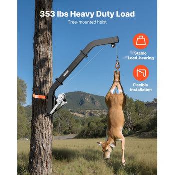Tree Mounted Deer Hoist, 353 lbs Load Capacity, Hunting Game Hoist Winch Lift with Ratchet Strap, Heavy Duty Deer Hanger for Skinning, Cleaning, Hanging Feed, and Field Dressing, Black
