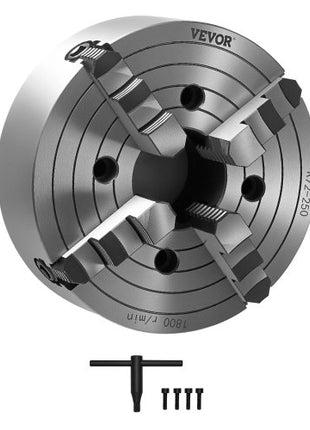 4-Jaw Lathe Chuck, 10 in (250 mm), Lathe Chuck, 0.6-9.84 in (15-250 mm) Clamping Range with T-key Fixing Screws Reversible Jaws, HT300 Cast Iron Material, Internal External for Wood Metal Lathe