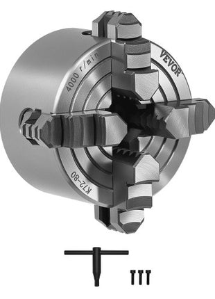 4-Jaw Lathe Chuck, 3 Inch (80 mm), 4-Jaw Independent Chuck, 0.1-3.15 in (5-80 mm) Clamping Range with T-key Fixing Screws Reversible Jaws, HT300 Material, Internal External for Wood Metal Lathe