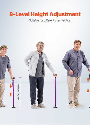 Walking Cane for Man Woman, Folding Walking Stick with 8-Level Adjustable Height, 4-Pronged Pivoting Base, Lightweight & Portable Aluminum Mobility Aid for Senior Adults, 250LBS Loading (Purple)
