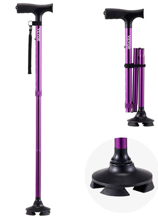 Walking Cane for Man Woman, Folding Walking Stick with 8-Level Adjustable Height, 4-Pronged Pivoting Base, Lightweight & Portable Aluminum Mobility Aid for Senior Adults, 250LBS Loading (Purple)