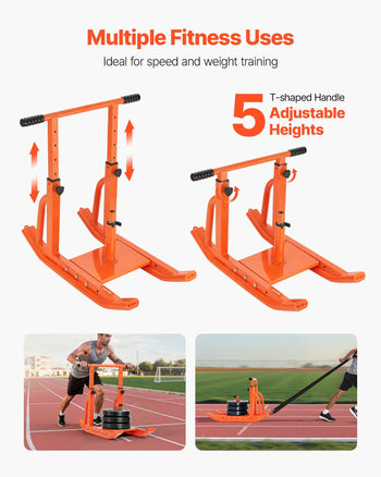 Weight Sled, Steel Power Sled, Fitness Training Sleds for Athletic Exercise Speed Improvement, Workout Equipment with Adjustable Height Handle, Compatible with 1/2 in Weight Plates, Orange
