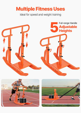 Weight Sled, Steel Power Sled, Fitness Training Sleds for Athletic Exercise Speed Improvement, Workout Equipment with Adjustable Height Handle, Compatible with 1/2 in Weight Plates, Orange