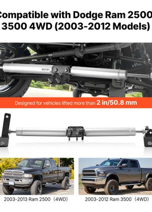 Dual Steering Stabilizer, for 2003-2012 Dodge Ram 2500/3500 4WD, Dual Steering Stabilizer Kit Fits with 2 Inches of Suspension Lift or Higher, Enhanced Control & Reduced Vibration, Easy Install