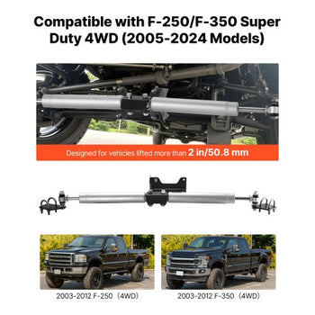 Dual Steering Stabilizer, for 2005-2024 Ford F-250/F-350 Super Duty 4WD, Dual Steering Stabilizer Kit Fits with 2 Inches of Suspension Lift or Higher, Enhanced Control and Reduced Vibration