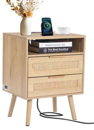 Rattan Nightstand, Boho Bedside Table with Open Shelf 2 Drawers, Rattan End Table Nightstand with Solid Wood Legs, Rattan Bedside Table with Charging Station, for Bedroom, Study & Living Room